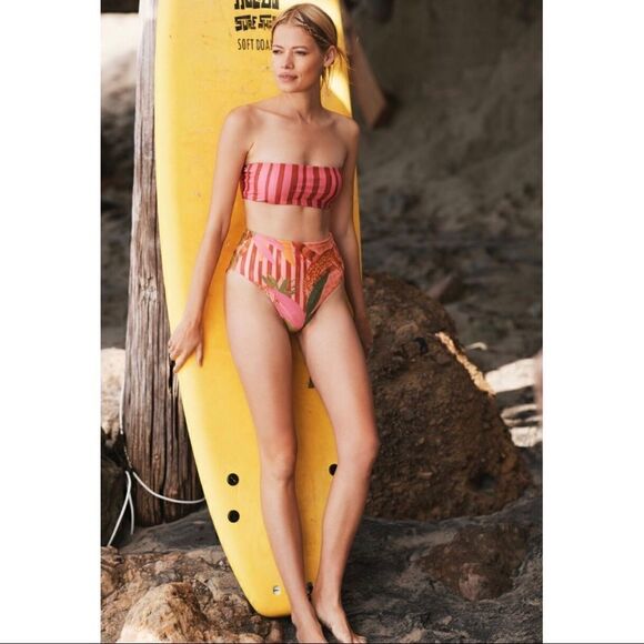 NEW Anthropologie Farm Rio Cheetah Stripe Off-The-Shoulder High-Waisted Bikini - Picture 4 of 4